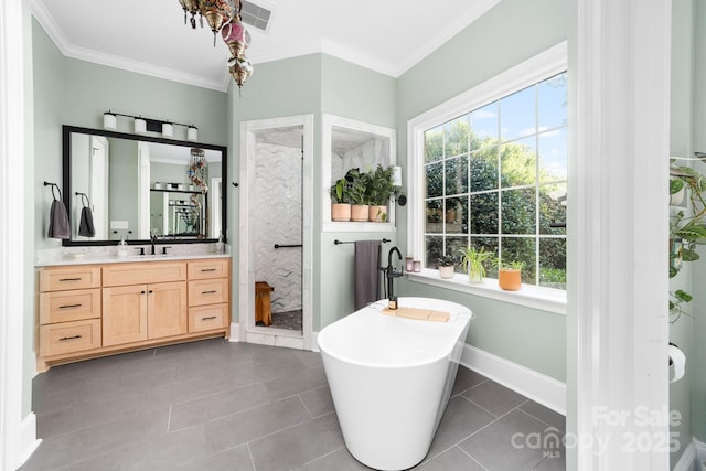200 Galey Rdg, Cramerton, NC 28032 - full bathroom featuring vanity, a soaking tub, crown molding, tile patterned floors, and walk in shower