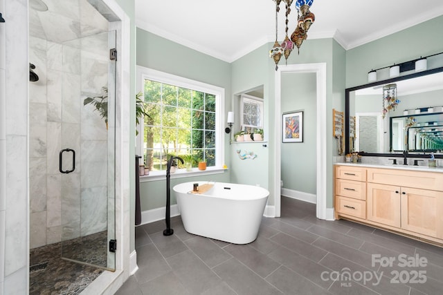 200 Galey Rdg, Cramerton, NC 28032 - full bath featuring vanity, a soaking tub, a stall shower, ornamental molding, and tile patterned floors
