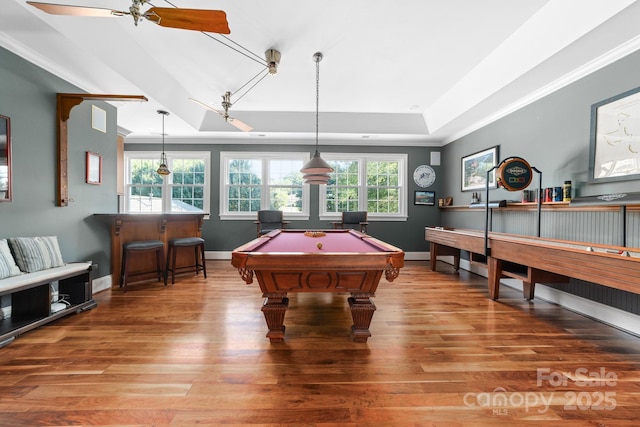 200 Galey Rdg, Cramerton, NC 28032 - playroom with crown molding, a tray ceiling, wood finished floors, and billiards table