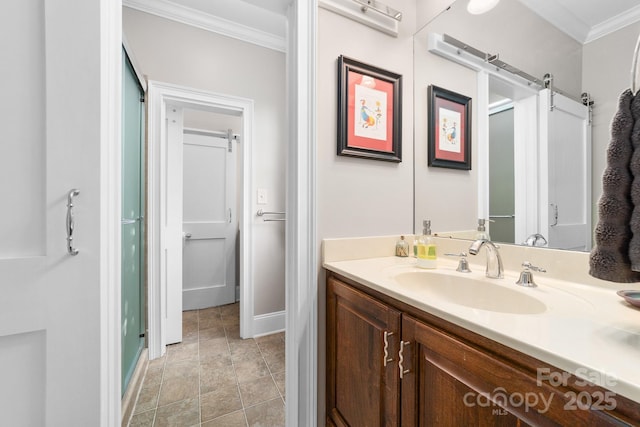 200 Galey Rdg, Cramerton, NC 28032 - bathroom featuring crown molding, vanity, and a shower with shower door