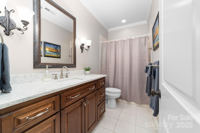 200 Galey Rdg, Cramerton, NC 28032 - bathroom featuring vanity, tile patterned flooring, ornamental molding, and a shower with shower curtain