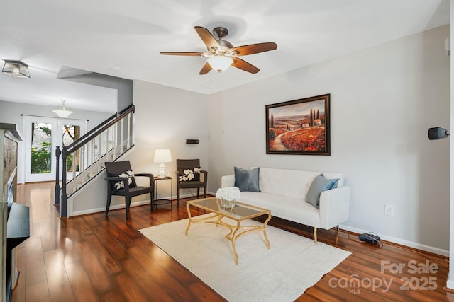 181 Farington Cir, Fletcher, NC 28732 - living room with stairway, dark wood-style flooring, and a ceiling fan