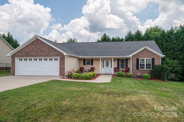 515 E Carpenter St, Maiden, NC 28650 - ranch-style house with brick siding, a garage, concrete driveway, a front lawn, and roof with shingles