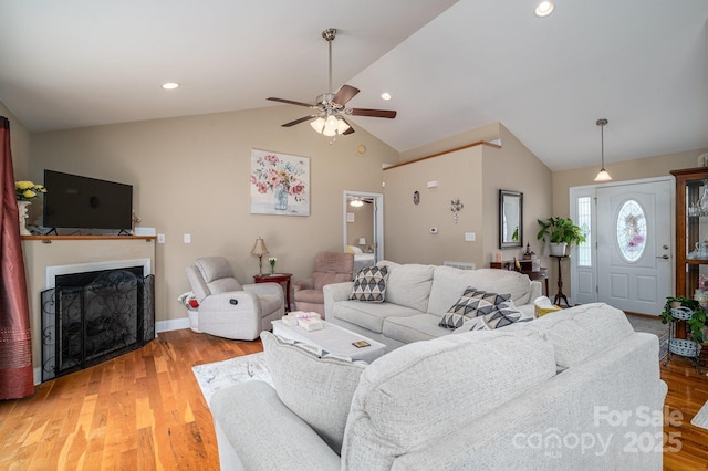 515 E Carpenter St, Maiden, NC 28650 - living area featuring ceiling fan, a fireplace, light wood-style floors, recessed lighting, and high vaulted ceiling