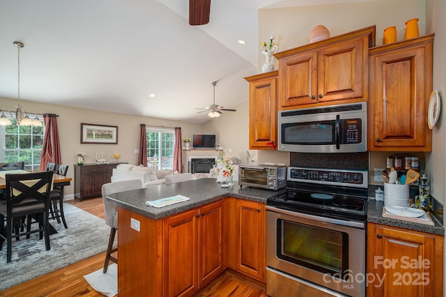 515 E Carpenter St, Maiden, NC 28650 - kitchen with appliances with stainless steel finishes, ceiling fan, healthy amount of natural light, vaulted ceiling, and a peninsula