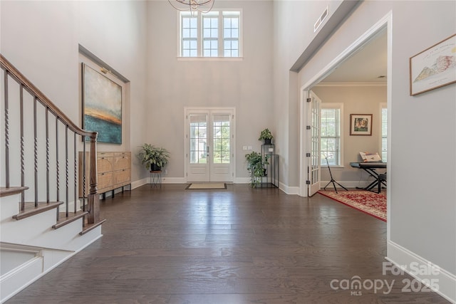 5266 Meadowcroft Way, Fort Mill, SC 29708 - foyer entrance with plenty of natural light, stairs, dark wood-type flooring, a towering ceiling, and a chandelier