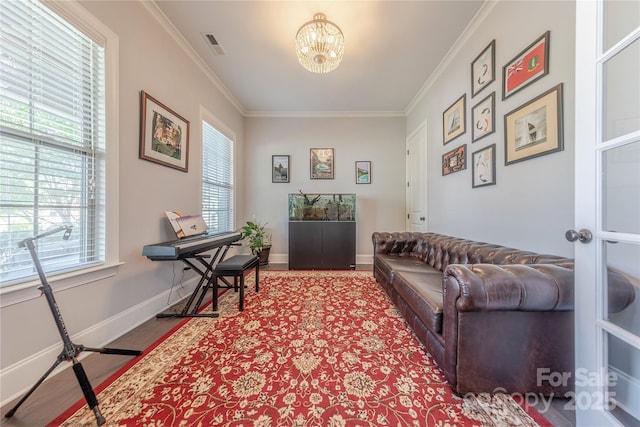 5266 Meadowcroft Way, Fort Mill, SC 29708 - home office featuring crown molding, a chandelier, and wood finished floors