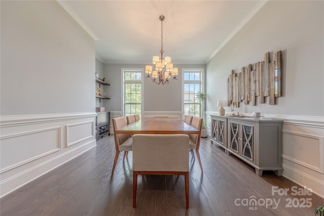 5266 Meadowcroft Way, Fort Mill, SC 29708 - dining room with a chandelier, ornamental molding, dark wood-type flooring, a decorative wall, and a wainscoted wall