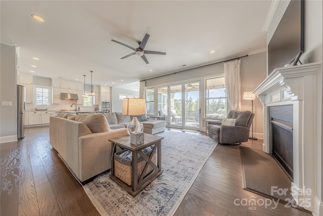 5266 Meadowcroft Way, Fort Mill, SC 29708 - living area featuring a fireplace, ceiling fan, dark wood-style flooring, recessed lighting, and crown molding