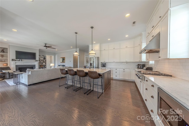 5266 Meadowcroft Way, Fort Mill, SC 29708 - kitchen featuring stainless steel appliances, under cabinet range hood, a breakfast bar area, a ceiling fan, and white cabinets