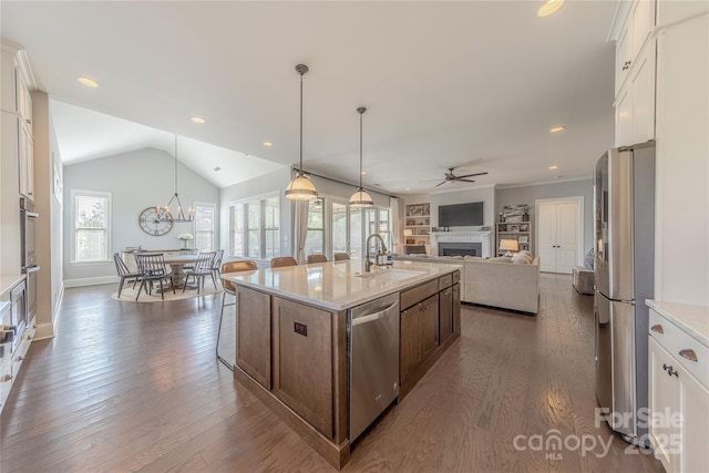5266 Meadowcroft Way, Fort Mill, SC 29708 - kitchen with appliances with stainless steel finishes, a fireplace, a ceiling fan, dark wood-style floors, and recessed lighting