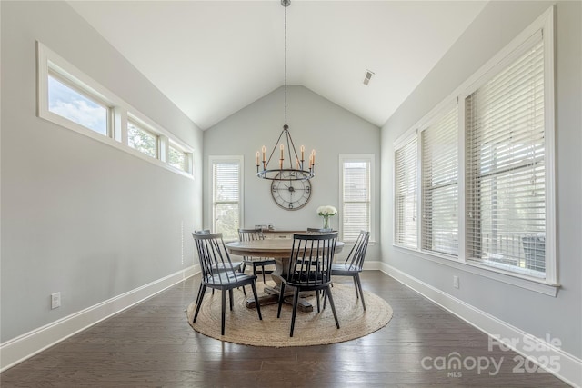 5266 Meadowcroft Way, Fort Mill, SC 29708 - dining space featuring a chandelier, vaulted ceiling, and dark wood finished floors