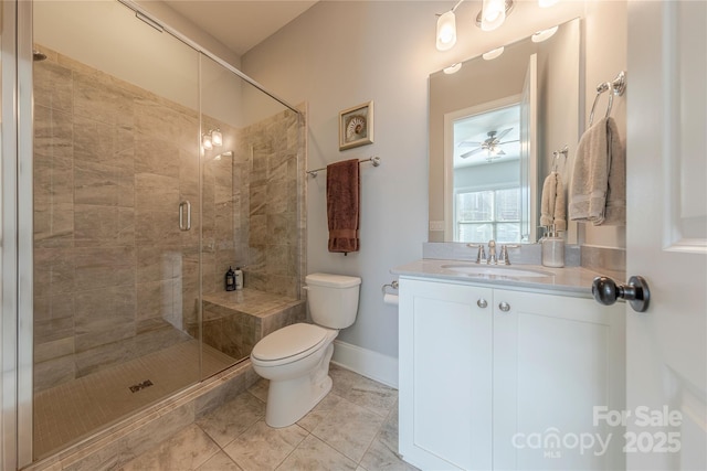 5266 Meadowcroft Way, Fort Mill, SC 29708 - bathroom featuring a stall shower, vanity, tile patterned floors, and ceiling fan