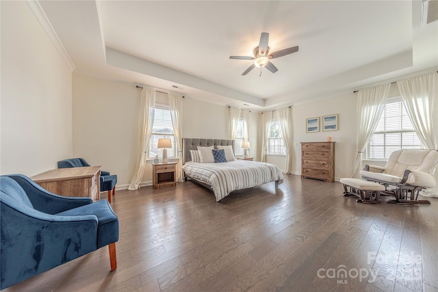 5266 Meadowcroft Way, Fort Mill, SC 29708 - bedroom featuring a tray ceiling, dark wood finished floors, and ceiling fan
