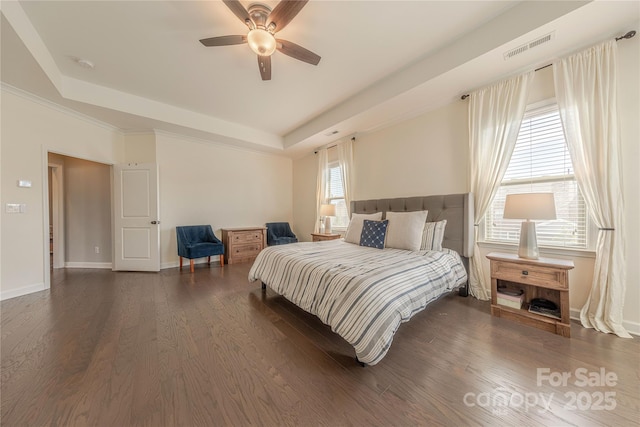 5266 Meadowcroft Way, Fort Mill, SC 29708 - bedroom with a raised ceiling, dark wood-style flooring, and ceiling fan