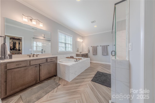 5266 Meadowcroft Way, Fort Mill, SC 29708 - full bathroom featuring a shower stall, a bath, vanity, crown molding, and recessed lighting