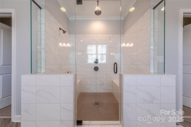 5266 Meadowcroft Way, Fort Mill, SC 29708 - bathroom featuring a stall shower and ornamental molding