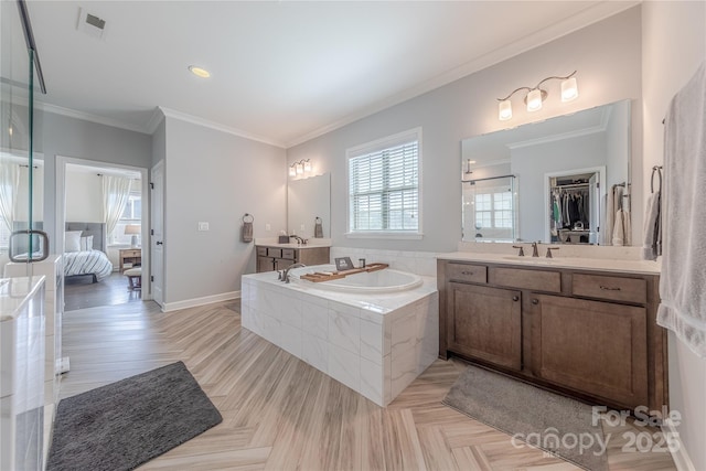 5266 Meadowcroft Way, Fort Mill, SC 29708 - ensuite bathroom featuring crown molding, a bath, two vanities, and a shower with shower door