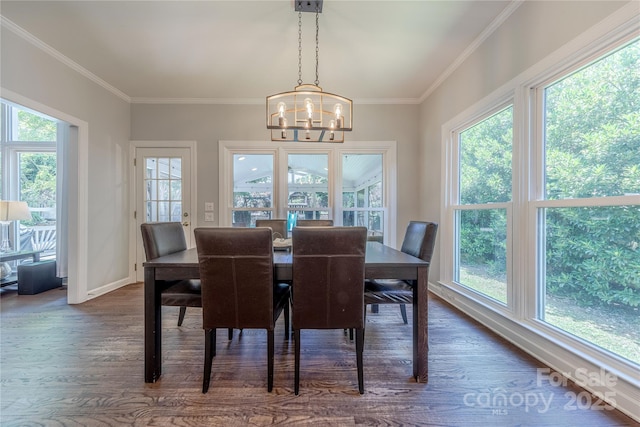 2836 Providence Spring Ln, Charlotte, NC 28270 - dining area featuring healthy amount of natural light, dark wood finished floors, a chandelier, and crown molding