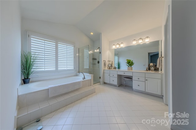 2836 Providence Spring Ln, Charlotte, NC 28270 - full bath featuring double vanity, a stall shower, a bath, lofted ceiling, and tile patterned flooring