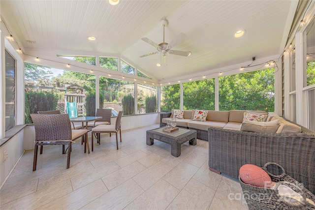 2836 Providence Spring Ln, Charlotte, NC 28270 - sunroom with outdoor lounge area, ceiling fan, vaulted ceiling, and plenty of natural light