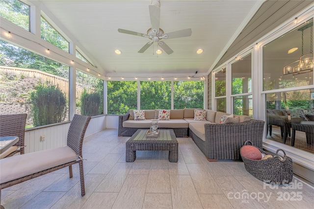 2836 Providence Spring Ln, Charlotte, NC 28270 - sunroom / solarium featuring a ceiling fan, healthy amount of natural light, an outdoor living space, and vaulted ceiling