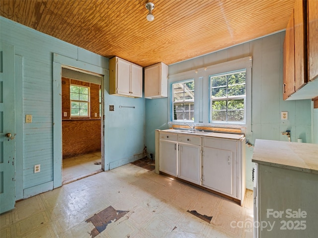 55 Shook St, Clyde, NC 28721 - kitchen featuring wooden ceiling, light floors, light countertops, and wood walls
