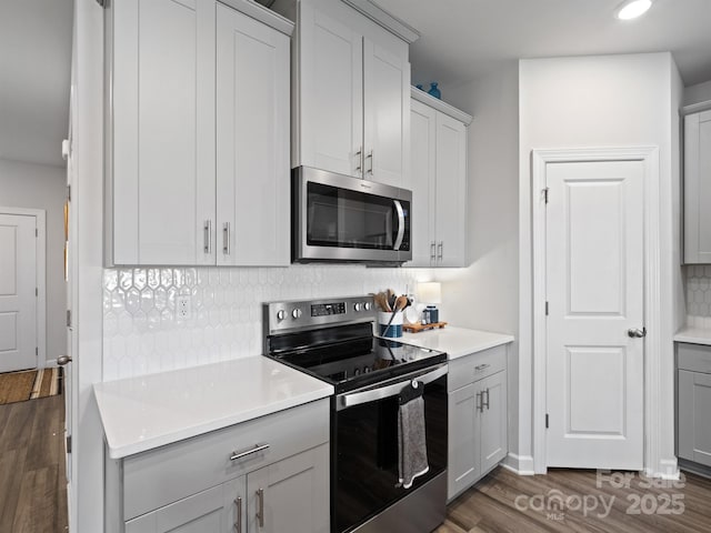 4170 County Down Ave, Kannapolis, NC 28081 - kitchen with appliances with stainless steel finishes, decorative backsplash, dark wood-type flooring, light countertops, and recessed lighting