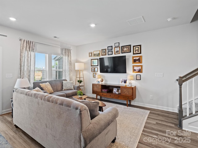 4170 County Down Ave, Kannapolis, NC 28081 - living room featuring stairs, wood finished floors, and recessed lighting