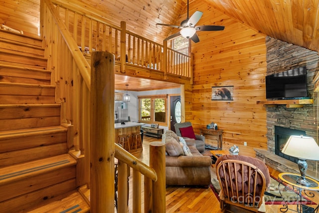 55 Kirkland Mountain Ln, Bryson City, NC 28713 - living room with wood finished floors, high vaulted ceiling, wooden ceiling, a stone fireplace, and ceiling fan