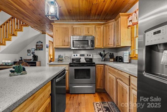 55 Kirkland Mountain Ln, Bryson City, NC 28713 - kitchen featuring appliances with stainless steel finishes, wooden ceiling, light wood-type flooring, and light countertops