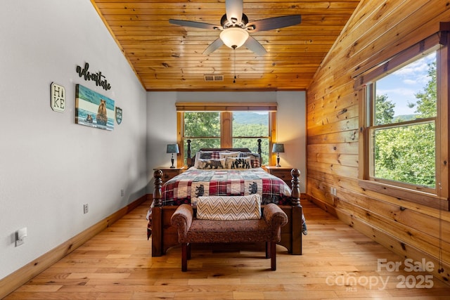 55 Kirkland Mountain Ln, Bryson City, NC 28713 - bedroom with vaulted ceiling, light wood-type flooring, wood ceiling, and ceiling fan