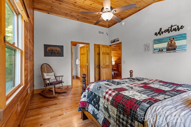 55 Kirkland Mountain Ln, Bryson City, NC 28713 - bedroom featuring light wood finished floors, wood ceiling, a high ceiling, and ceiling fan