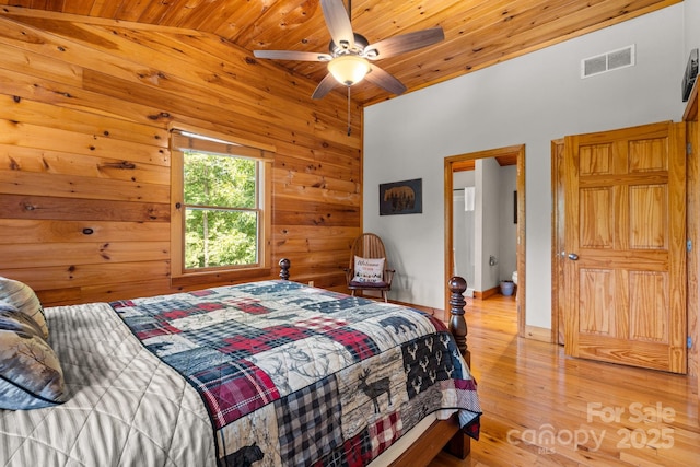 55 Kirkland Mountain Ln, Bryson City, NC 28713 - bedroom with wood walls, wood finished floors, wood ceiling, and a ceiling fan