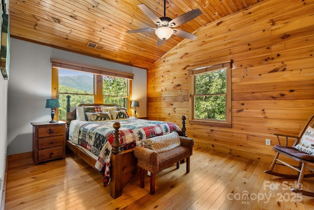 55 Kirkland Mountain Ln, Bryson City, NC 28713 - bedroom featuring multiple windows, lofted ceiling, wooden ceiling, light wood-style floors, and wooden walls