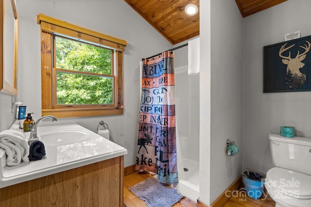 55 Kirkland Mountain Ln, Bryson City, NC 28713 - bathroom with wood finished floors, wood ceiling, vanity, a shower stall, and vaulted ceiling