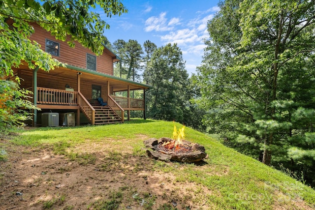 55 Kirkland Mountain Ln, Bryson City, NC 28713 - view of grassy yard with a fire pit, a deck, and stairs