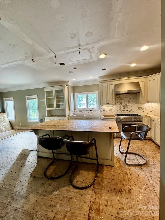 1802 Walden Pond Ln, Waxhaw, NC 28173 - kitchen with high end range, wall chimney exhaust hood, ornamental molding, healthy amount of natural light, and backsplash