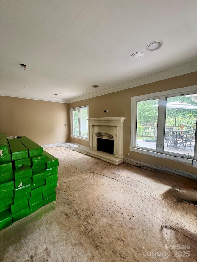 1802 Walden Pond Ln, Waxhaw, NC 28173 - unfurnished living room with carpet, crown molding, a fireplace with raised hearth, and recessed lighting