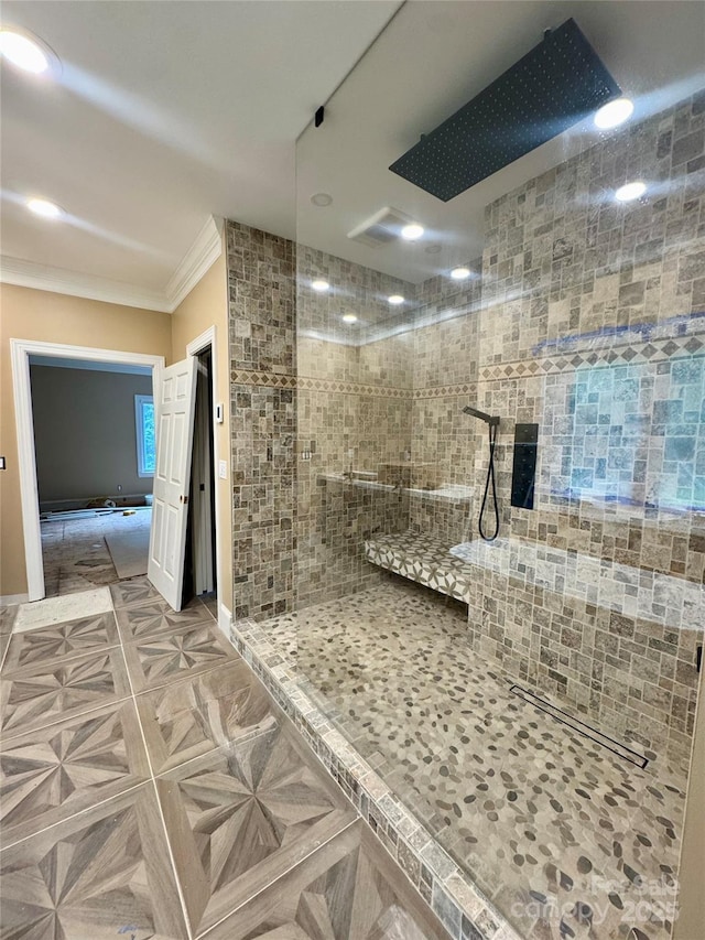1802 Walden Pond Ln, Waxhaw, NC 28173 - bathroom with a walk in shower and ornamental molding