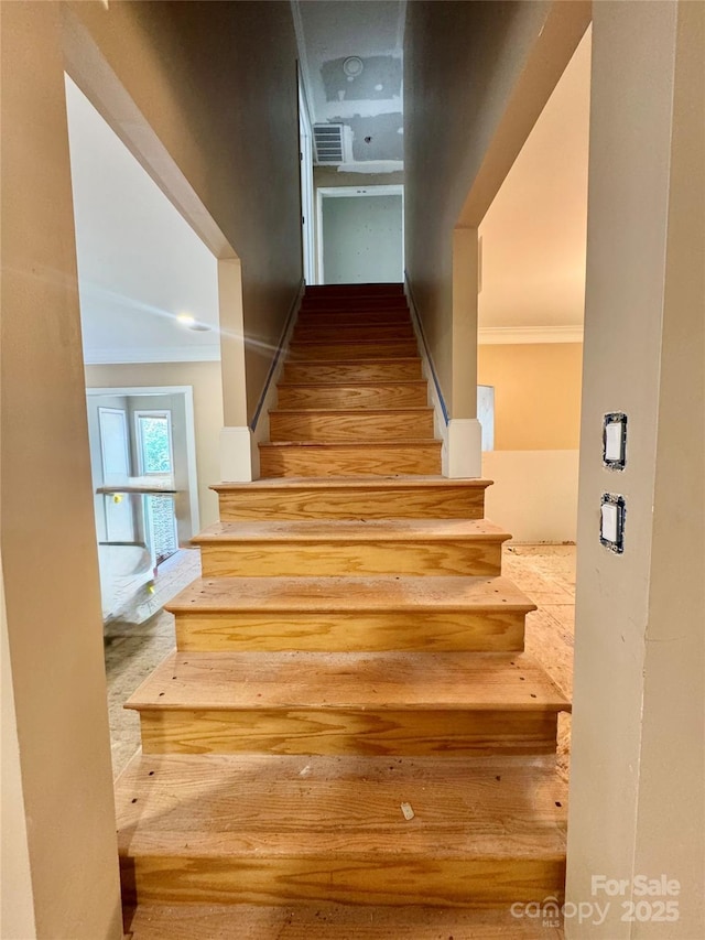 1802 Walden Pond Ln, Waxhaw, NC 28173 - staircase featuring crown molding