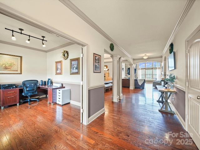 109 Dewfield Ln, Boiling Springs, SC 29316 - office featuring decorative columns, ornamental molding, wood finished floors, track lighting, and arched walkways