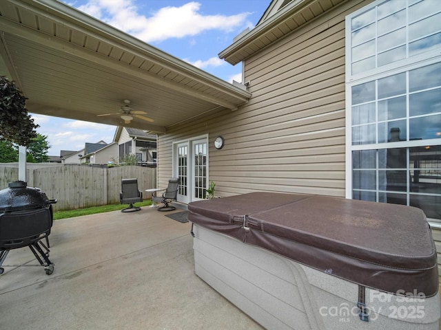 109 Dewfield Ln, Boiling Springs, SC 29316 - view of patio / terrace featuring a hot tub, ceiling fan, french doors, and grilling area