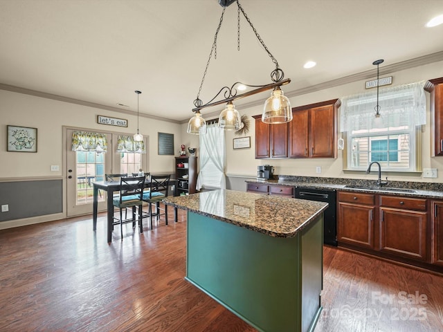 109 Dewfield Ln, Boiling Springs, SC 29316 - kitchen featuring dishwasher, crown molding, dark stone counters, a center island, and healthy amount of natural light