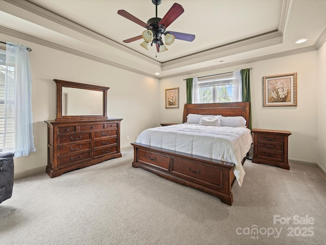 109 Dewfield Ln, Boiling Springs, SC 29316 - bedroom featuring a tray ceiling, crown molding, light carpet, ceiling fan, and recessed lighting