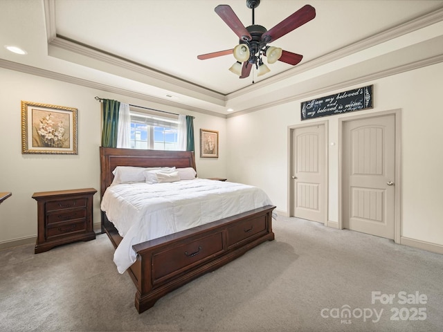 109 Dewfield Ln, Boiling Springs, SC 29316 - bedroom with a tray ceiling, ornamental molding, light carpet, recessed lighting, and a ceiling fan