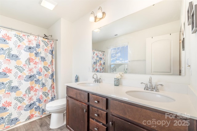 1111 Freeman View Dr, Albemarle, NC 28001 - full bath featuring wood finished floors, double vanity, and a shower with shower curtain