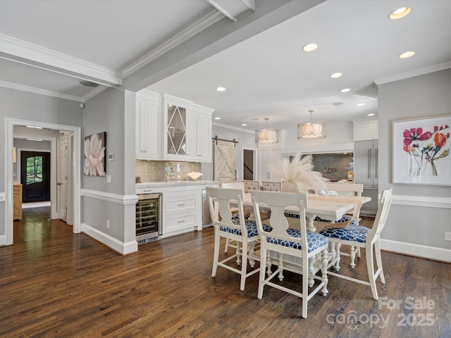 11624 Glenn Abbey Way, Charlotte, NC 28277 - dining room featuring beverage cooler, a barn door, recessed lighting, dark wood-style flooring, and bar area