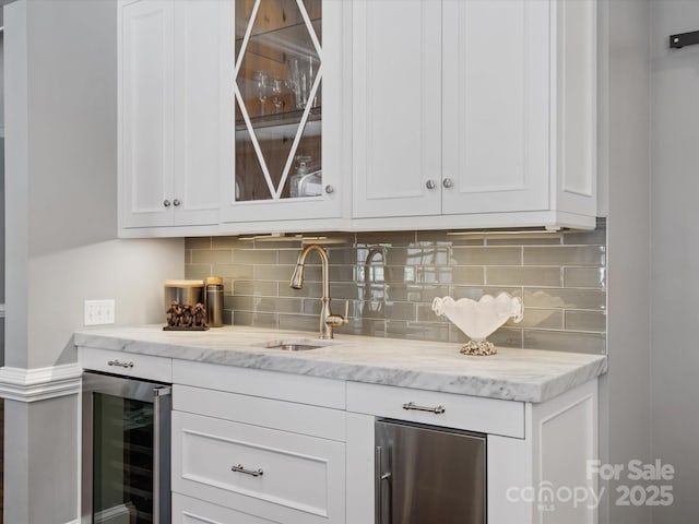 11624 Glenn Abbey Way, Charlotte, NC 28277 - bar with wine cooler, decorative backsplash, and fridge