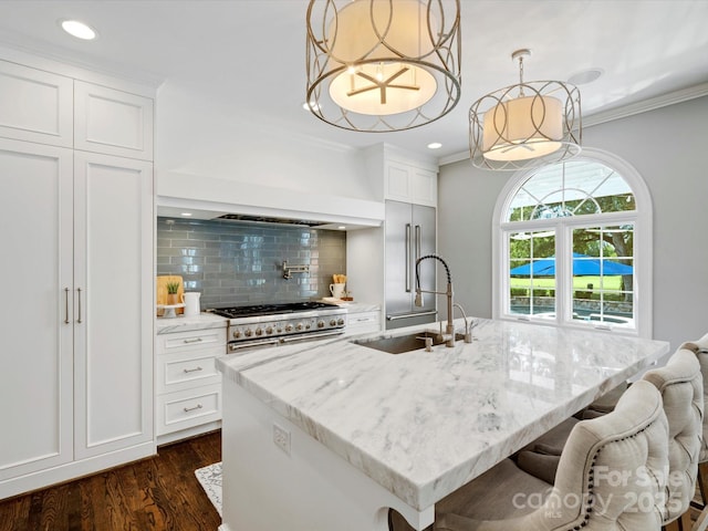 11624 Glenn Abbey Way, Charlotte, NC 28277 - kitchen featuring double oven range, decorative backsplash, ornamental molding, dark wood-style flooring, and light stone counters